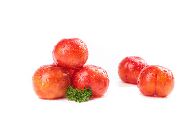 Fresh Red Plums with Water Drops on White Background - Guangdong Fruit