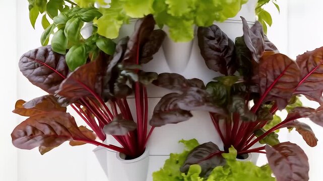 Tower garden containing basil, lettuce, and red beet leaves on a white background