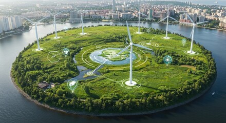Futuristic Green Island with Wind Turbines and Digital Network