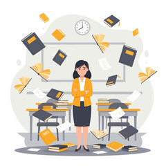 Calm Teacher Amidst Falling Books and Papers in Classroom.