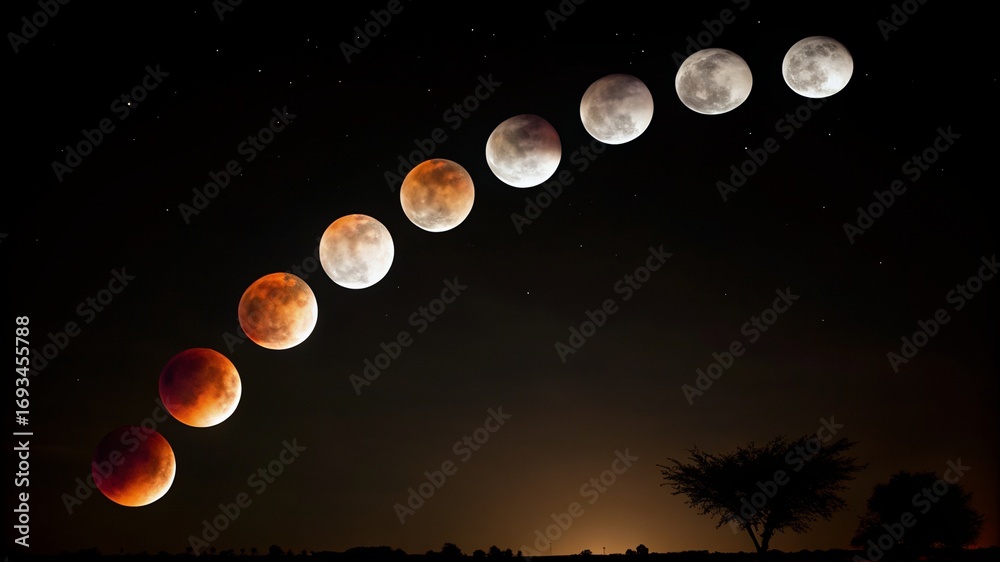 Wall mural this ai image presents a composite view of a multi-stage lunar eclipse. the image captures the moon'