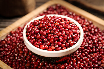 Fresh Red Adzuki Beans in Bowl and Wooden Tray - Small Grain Legumes for Healthy Cooking and Farmhouse Kitchen Supply