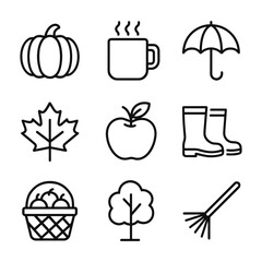Fall season activity vector icons. Outline symbols. Line design