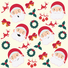 Cute seamless Christmas pattern with Santa Claus faces, reindeer, bells, holly, and wreaths, ideal for gift wrap, backgrounds, posters, cards, and seasonal design projects