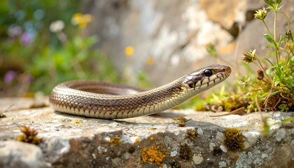 Obraz premium Snake on stone, surrounded by flowers