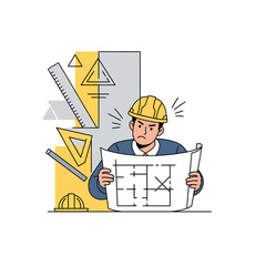 Stressed Architect Examining Blueprints with Frustrated Expression and Yellow Hard Hat.