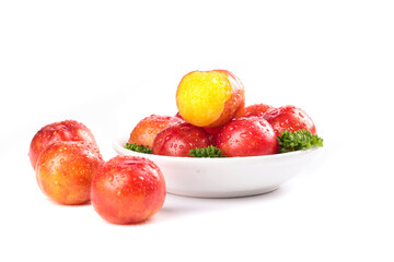 Fresh Red Yellow Plums Water Droplets White Bowl Mint Garnish Healthy Fruit