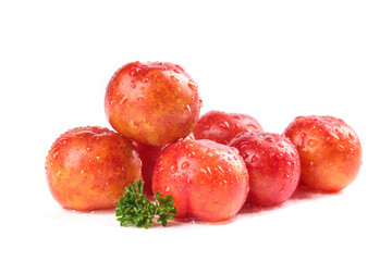 Fresh Red Guangdong Plums with Water Droplets Isolated on White Background
