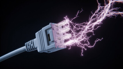 macro of RJ45 connector being inserted sparks of data flow visualization dark environment illustration concept scene visual for commercial design use high detail quality stock image illustration conce