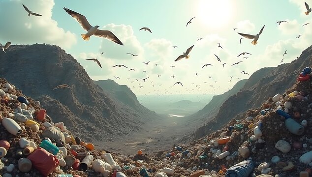 A large landfill filled with heaps of trash, discarded items, and seagulls flying above, representing waste accumulation.
