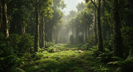 Obraz premium Lush Green Forest Path with Sunbeams and Ferns