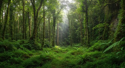 Obraz premium Lush Green Rainforest Path with Sunbeams