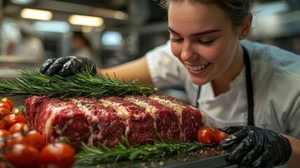 A smiling chef inspects a seasoned prime rib roast, garnished with rosemary and cherry tomatoes