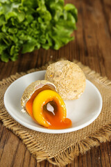 Fresh Free Range Eggs with Golden Yolk on Rustic Wood Background Organic Farm Cooking Ingredients