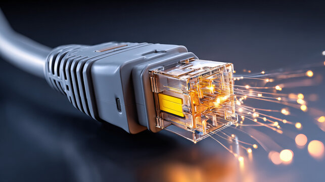 macro of RJ45 connector being inserted sparks of data flow visualization dark environment illustration concept scene visual for commercial design use high detail quality stock image illustration conce