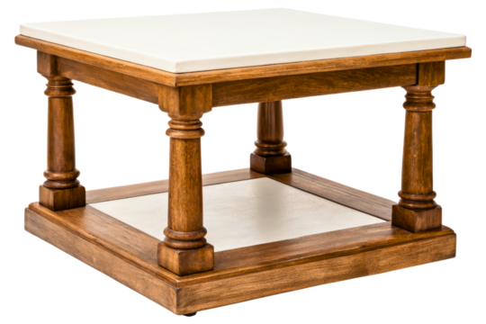 Classic wooden side table with ceramic tile top and turned legs isolated with transparent background