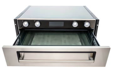 Modern stainless steel warming drawer appliance with open door isolated with transparent background