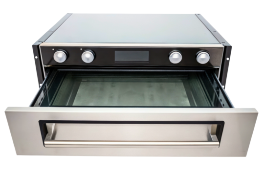 Modern stainless steel warming drawer appliance with open door isolated with transparent background