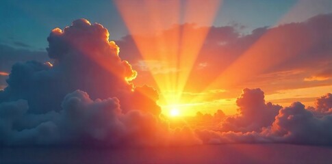 Golden sunbeam piercing through vibrant sunset clouds, creating a dramatic and colorful sky Perfect for nature, landscape, and weather themes , twilight, scenic