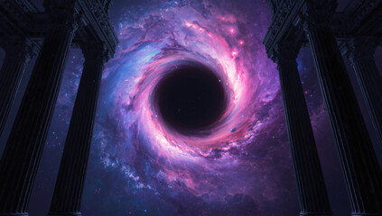 Obraz premium view of a purple black hole in middle of greek temple pillars