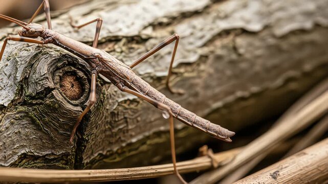 A perfectly camouflaged stick insect blends into a tree branch, its twig-like body a masterpiece of natural mimicry