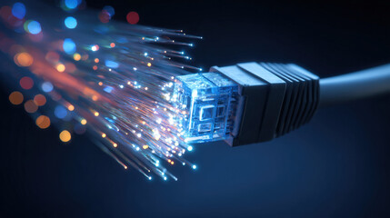 macro of RJ45 connector being inserted sparks of data flow visualization dark environment illustration concept scene visual for commercial design use high detail quality stock image illustration conce