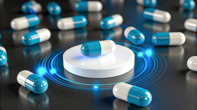 Blue capsule white capsule pill pharmacy medicine drug tablet healthcare technology futuristic glowing laboratory smart pill wireless sensor medical