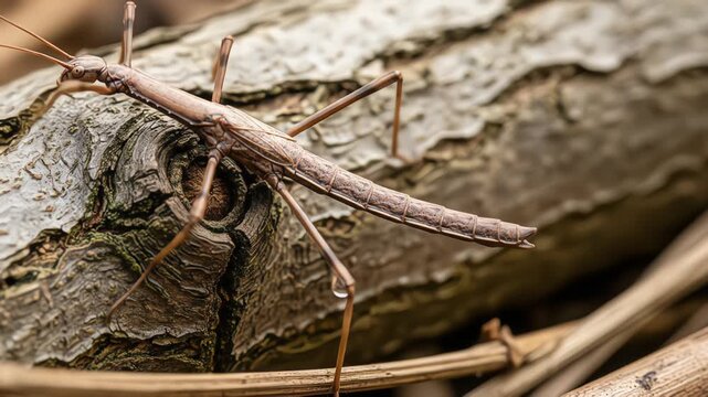 A perfectly camouflaged stick insect blends into a tree branch, its twig-like body a masterpiece of natural mimicry