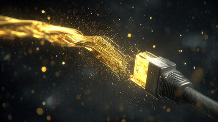 macro of RJ45 connector being inserted sparks of data flow visualization dark environment illustration concept scene visual for commercial design use high detail quality stock image illustration conce