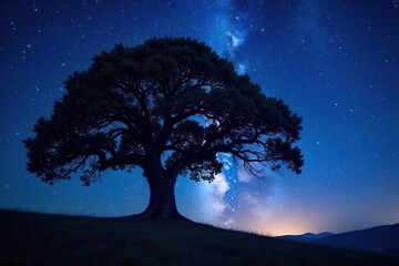 Silhouette of a majestic oak tree against a starlit night sky, branches reaching towards the cosmos Perfect for nature, fantasy, and dark backgrounds , backdrop, elegant