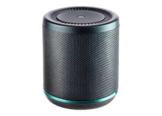 Dark gray cylindrical speaker with teal accents isolated on a transparent background mesh