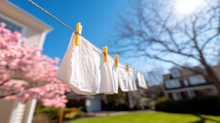 Fresh Breeze Laundry: Sunlight-kissed linens gently sway on a clothesline under a vibrant sky, symbolizing the simple joys of home and the freshness of a sunny day.