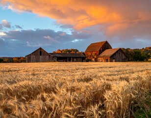 Golden wheat field with barns at sunset