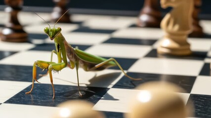 A large green praying mantis stands on a chessboard, staring directly at the camera like a grandmaster ready for battle