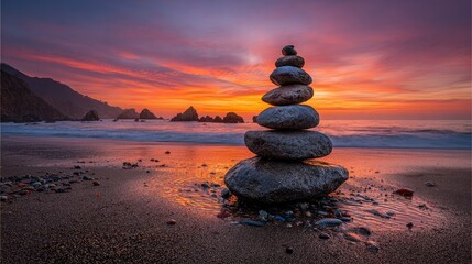Coastal Sunset With Stacked Rocks On Beach