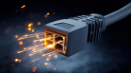 macro of RJ45 connector being inserted sparks of data flow visualization dark environment illustration concept scene visual for commercial design use high detail quality stock image illustration conce