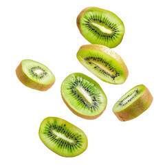 Falling slices of Kiwi isolate on transparency background