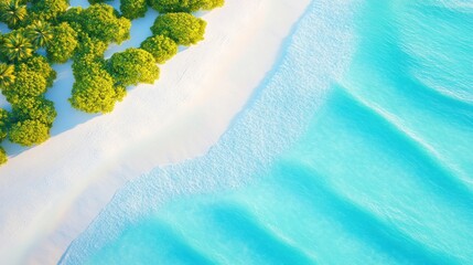 Aerial view of a pristine tropical island with turquoise waters and white sand beach