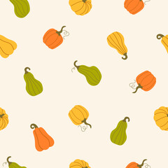 Seamless pattern with small hand drawn pumpkins on a white background. Autumn texture for thanksgiving, harvest and halloween. Season palette. Vector Illustration