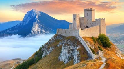 Dramatic fortress atop a hill against a cloud shrouded mountain range at sunset