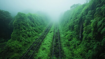 Mystical journey through lush greenery on misty railway tracks vanishing into fog