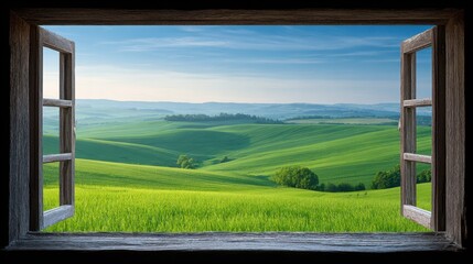 Fototapeta premium Open Window View to Green Garden and Nature Landscape