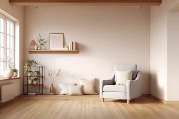 Fototapeta premium Minimalist room interior with light wooden flooring and neutral painted wall, featuring modern armchair and shelf with decorative items