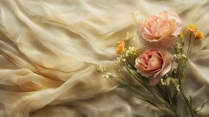 Elegant floral composition featuring roses and delicate fabric creating a tranquil and refined