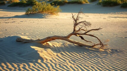 Dry branch resting on rippled sand under the warm glow of desert sun creating peaceful view