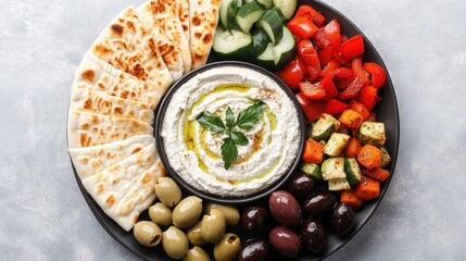 Delicious mediterranean platter showcasing hummus, pita bread, olives, and vibrant fresh vegetables