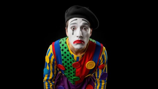 Expressive Mime Artist in Colorful Costume Conveying Sadness and Melancholy Mood, Artistic