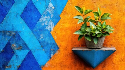 Geometric patterns in contrasting colors create a vibrant backdrop for a potted plant on an orange