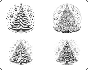 Obraz premium Collection of Four Ornate Christmas Trees Decorated with Ornaments and Snowflakes