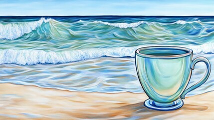 Dreamy seascape painting featuring a serene beach with a coffee cup as a central motif